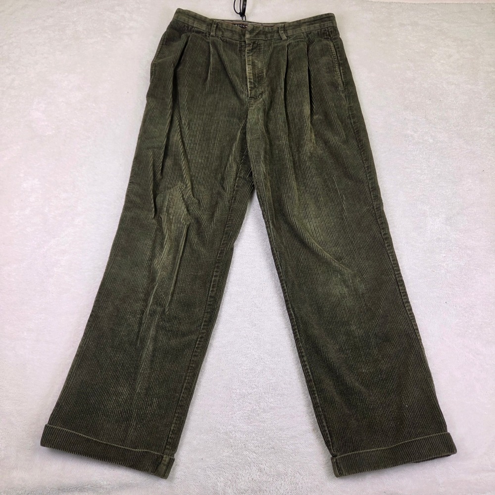 Cutter & Buck Mens 34 Olive Green Wide Wale Pleated Corduroy Cuffed Pants 34x30